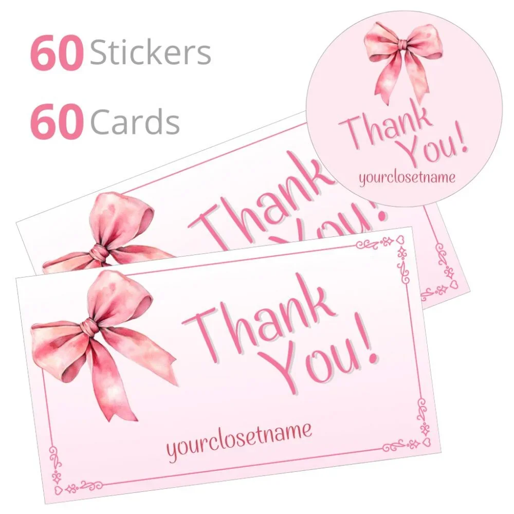 120 pcs Pink Ribbon Bow Thank You Cards and Stickers